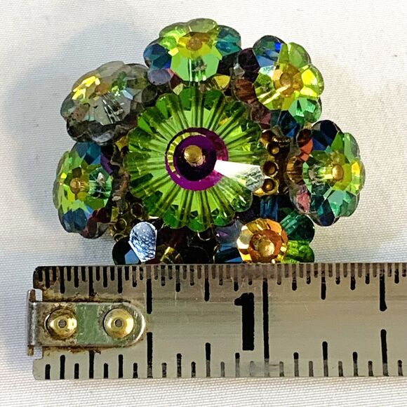 Vtg Watermelon Rivoli Purple Green AB Crystal Flower Cut Bead Cluster Brooch Pin - Picture 6 of 6
